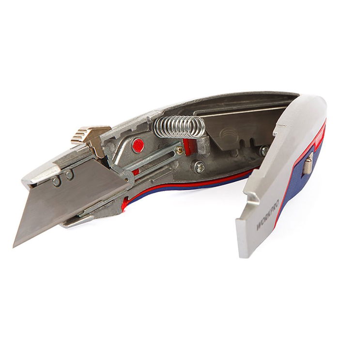 Workpro Cúter de apertura rápida 165 x 41 x 28 mm, cuerpo de aluminio anodizado con 3 cuchillas adicionales