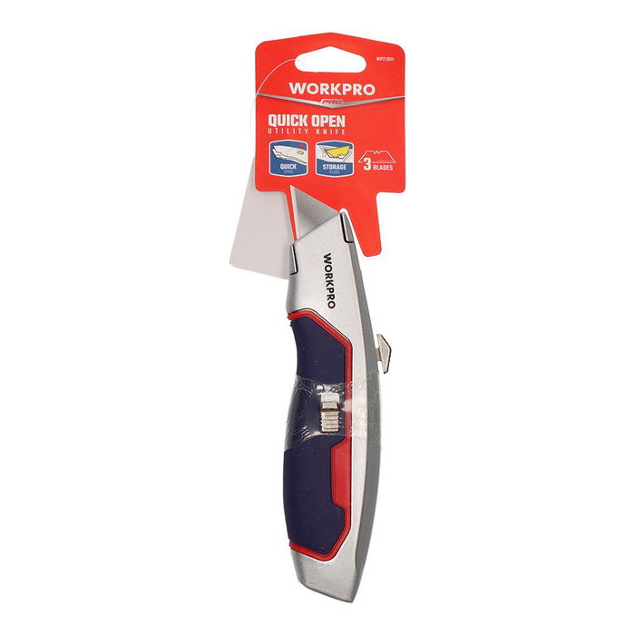 Workpro Cúter de apertura rápida 165 x 41 x 28 mm, cuerpo de aluminio anodizado con 3 cuchillas adicionales