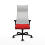 Sillón Albacete con mecanismo Sincro tapizada con Similpiel color Rojo y malla color Blanco. Equipado con Base nailon negra, Brazos 1D y Ruedas 65mm nailon