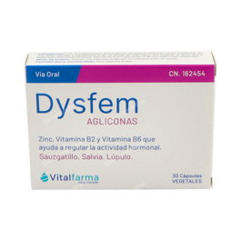 VITALFARMA Dysfem 30 Cápsulas - Complemento alimenticio para regular actividad hormonal con Isoflavonas de Soja, Zinc y Vitamina B6