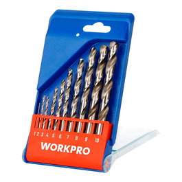 Workpro Juego de 10 Brocas HSS4341 para Metal Rectificadas, Ø1.00 - Ø10.00 mm, Punta Dividida 135°, Acabado Brillante