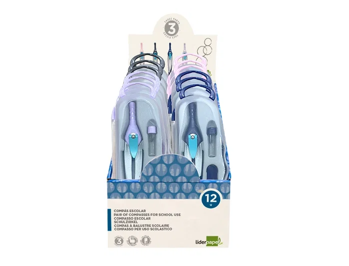 Liderpapel Compás con Bloqueo de Brazos y Adaptador Universal, Incluye Tubo de Minas y Expositor con 12 Unidades Colores Surtidos