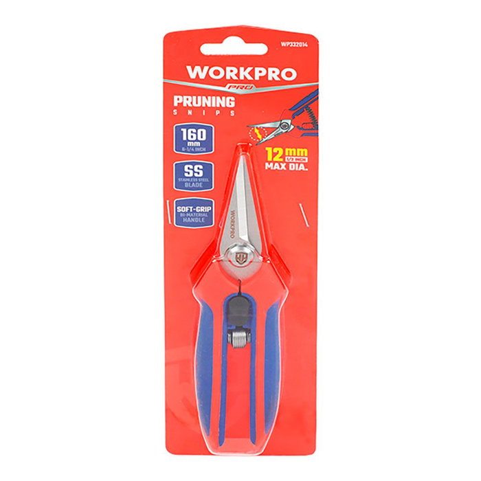 Workpro Tijeras de Poda Punta Recta con Corte Máximo Ø12 mm y 160 mm, Mecanismo de Bloqueo, Hojas Acero 3CR13