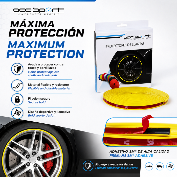 OCC Motorsport Protector de Llantas Amarillo, 600 x 2 cm, Adhesivo 3M, Ref: OCCDEC014