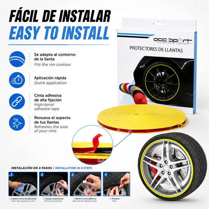 OCC Motorsport Protector de Llantas Amarillo, 600 x 2 cm, Adhesivo 3M, Ref: OCCDEC014