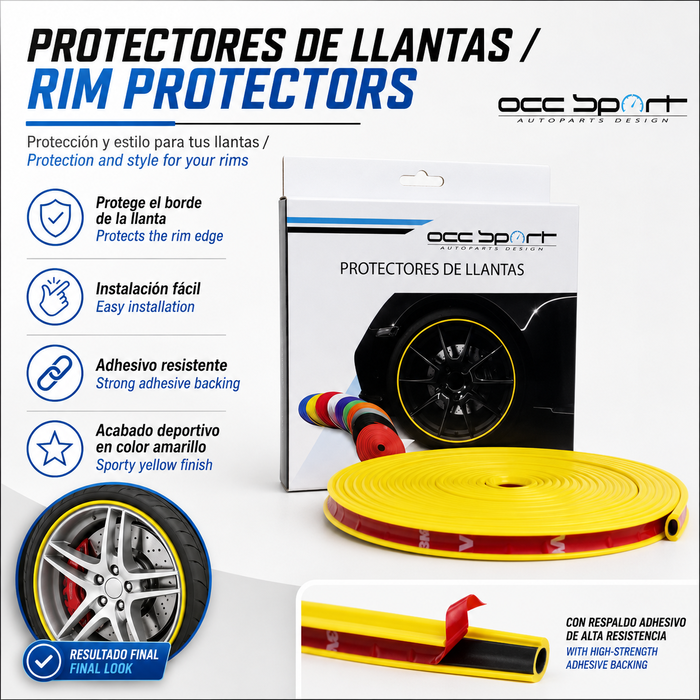 OCC Motorsport Protector de Llantas Amarillo, 600 x 2 cm, Adhesivo 3M, Ref: OCCDEC014