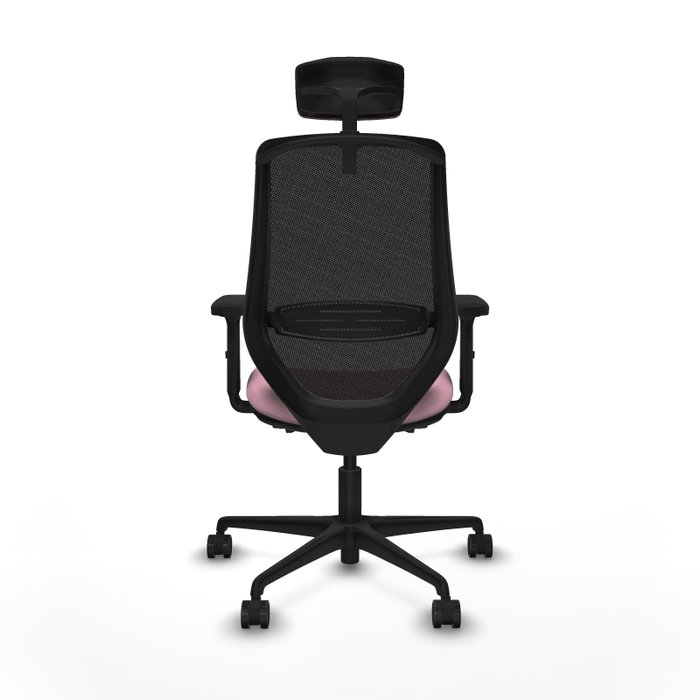 Silla de oficina Mardos con mecanismo Sincro/Traslack tapizada con Tela color Rosa y malla color Negro. Equipada con lumbar 1D, Brazos 2D, Cabecero 2D y Ruedas 65mm nailon