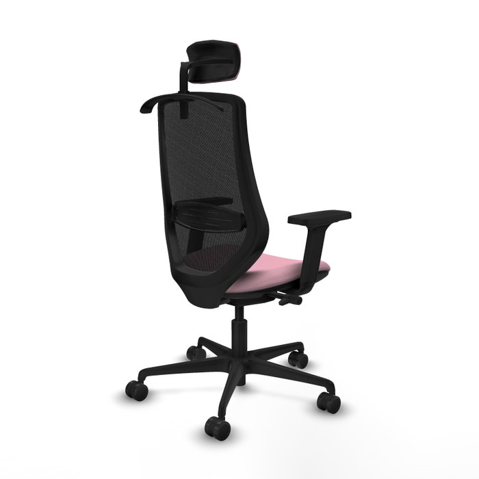 Silla de oficina Mardos con mecanismo Sincro/Traslack tapizada con Tela color Rosa y malla color Negro. Equipada con lumbar 1D, Brazos 2D, Cabecero 2D y Ruedas 65mm nailon