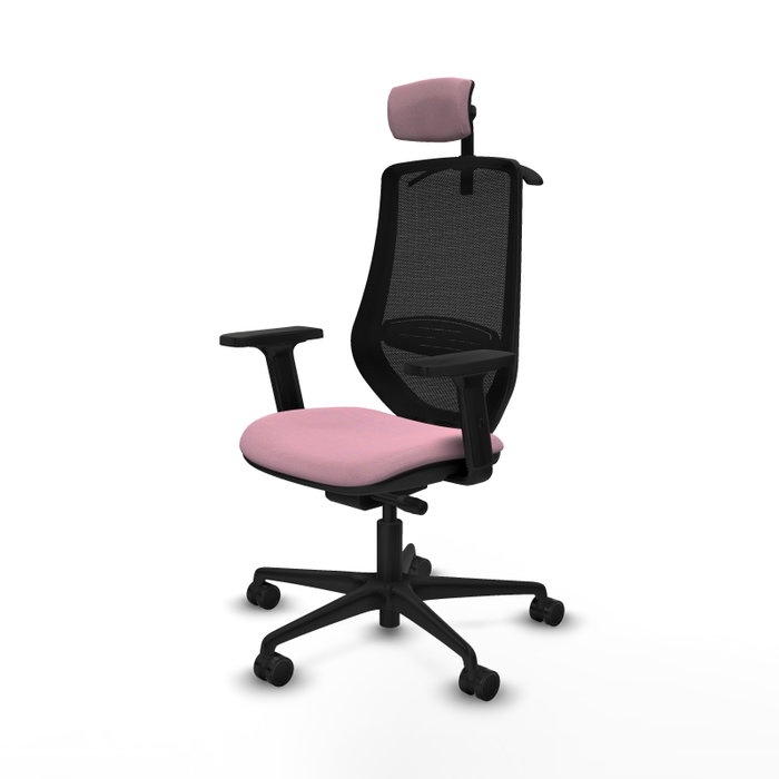 Silla de oficina Mardos con mecanismo Sincro/Traslack tapizada con Tela color Rosa y malla color Negro. Equipada con lumbar 1D, Brazos 2D, Cabecero 2D y Ruedas 65mm nailon