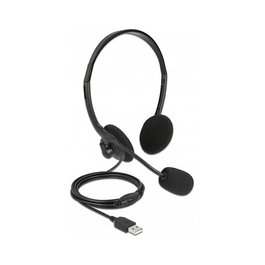 DeLOCK Auriculares Estéreo USB con Control de Volumen y Micrófono Boom para PC y Portátil - Ultra Ligeros (75 g), Supraaurales, Negro