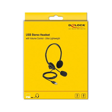 DeLOCK Auriculares Estéreo USB con Control de Volumen y Micrófono Boom para PC y Portátil - Ultra Ligeros (75 g), Supraaurales, Negro