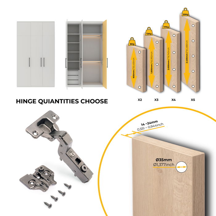 Emuca Lote de 20 bisagras supercodo X91 con cierre suave y suplementos para atornillar, Altura 0, Acero, Titanio