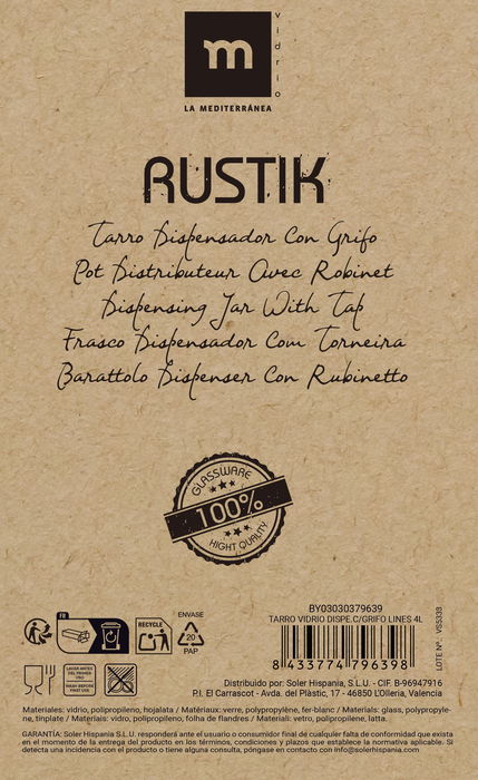 Inde Tarro Vidrio Dispensador con Grifo Lines 4L La Mediterran 15x26cm (6 Unidades)