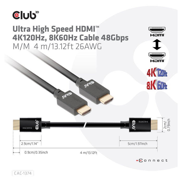 Club 3D CAC-1374 Cable HDMI 2.1 Ultra High Speed 10K HDR 4m