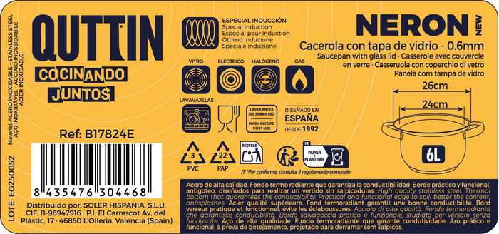 Inde Cacerola 24 cm (6L) Acero Inoxidable con Tapa "New Neron" Qt (4 Unidades)