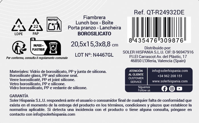 Inde Fiambrera Rectangular Hermética 20.5 x 15.3 cm 1.3 L con Escurridor (6 Unidades)