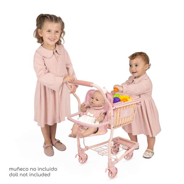 Decuevas Carro Compra Honey Portabebe con Set de 12 Frutas para Muñecas de hasta 50 cm - 30x50x62 cm - Juguete Infantil