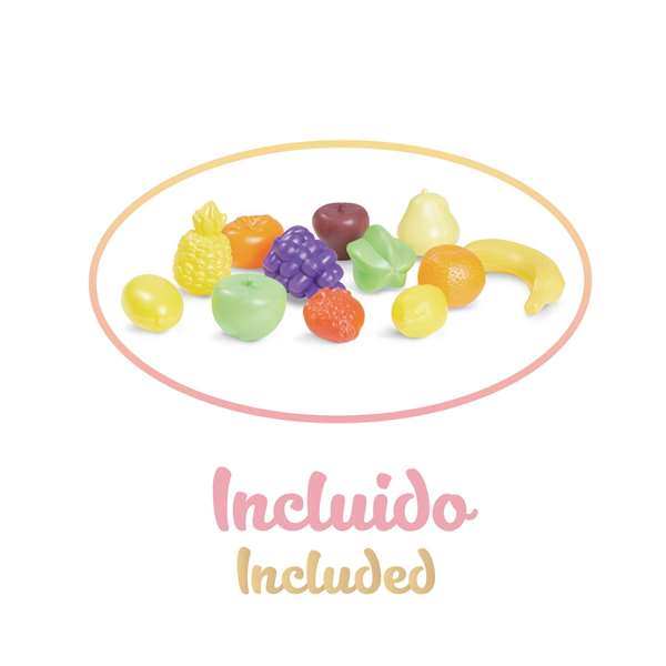 Decuevas Carro Compra Honey Portabebe con Set de 12 Frutas para Muñecas de hasta 50 cm - 30x50x62 cm - Juguete Infantil