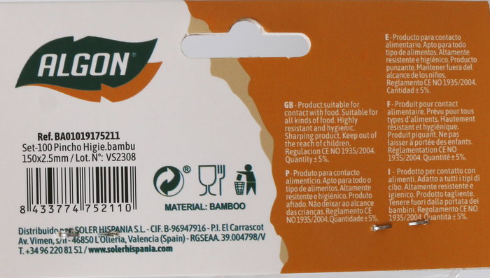 Algon Set 100 Pinchos Higiénicos Bambú 150 x 2.5 mm Algo (36 Unidades)