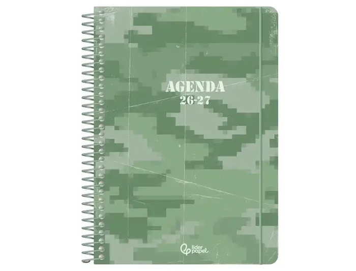 Liderpapel Agenda Escolar 2026-2027 Military - A6+ Día Página, Espiral, Bilingüe, Verde Militar, Papel FSC 80g con Gomilla y Pegatinas