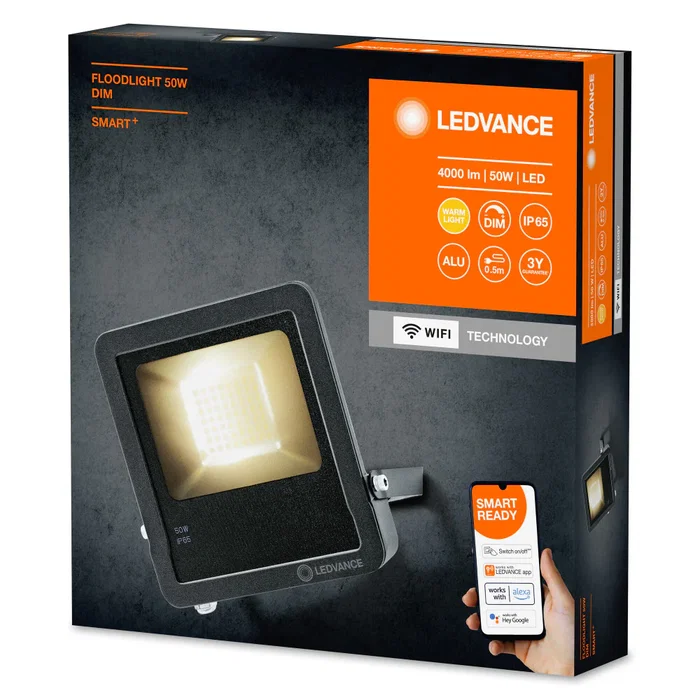 Ledvance Proyector LED Smart 50W 4000 Lúmenes 3000K IP65 Regulable WiFi, Control por Voz y App, Incluye Soporte