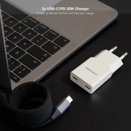 Nanocable Cargador de pared 2xUSB-C PD 30W Blanco