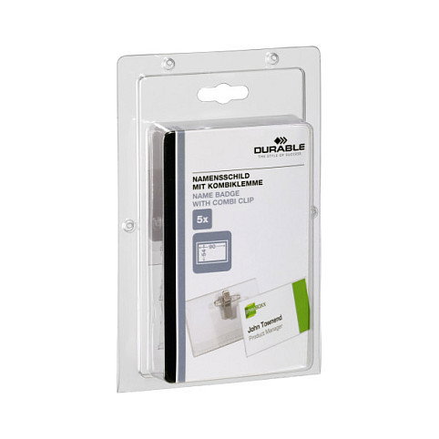 Durable Portanombres de PVC transparente con pinza y alfiler, 5 unidades Durable Portanombres de PVC transparente con pinza y alfiler, 5 unidades