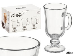 Vivalto Taza de Vidrio para Café Latte con Pie y Asa, Transparente, 250 ml, 10 x 14.5 x 7 cm (Set de 24)