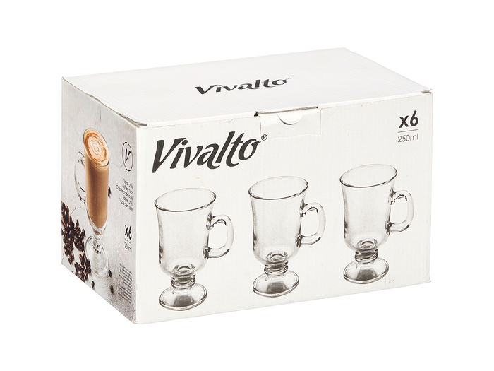 Vivalto Taza de Vidrio para Café Latte con Pie y Asa, Transparente, 250 ml, 10 x 14.5 x 7 cm (Set de 24)