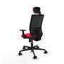 Silla de oficina Yunquera con mecanismo Sincro tapizada con Tela color Rojo y malla color Negro. Equipada con lumbar 1D, Brazos 1D, Cabecero 1D y Ruedas 65mm nailon