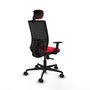Silla de oficina Yunquera con mecanismo Sincro tapizada con Tela color Rojo y malla color Negro. Equipada con lumbar 1D, Brazos 1D, Cabecero 1D y Ruedas 65mm nailon