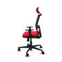 Silla de oficina Yunquera con mecanismo Sincro tapizada con Tela color Rojo y malla color Negro. Equipada con lumbar 1D, Brazos 1D, Cabecero 1D y Ruedas 65mm nailon