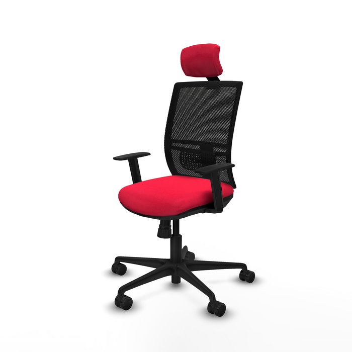 Silla de oficina Yunquera con mecanismo Sincro tapizada con Tela color Rojo y malla color Negro. Equipada con lumbar 1D, Brazos 1D, Cabecero 1D y Ruedas 65mm nailon