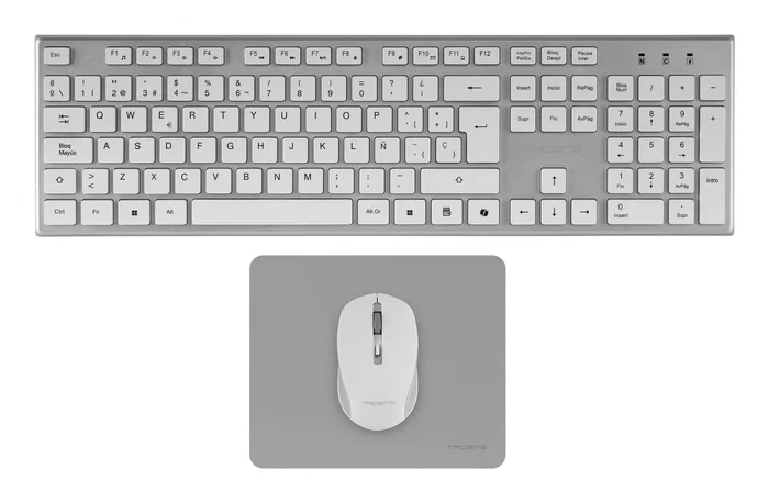 Tacens ZenithWFR Combo Teclado, Ratón y Alfombrilla Inalámbrico 3en1, Tecla Copilot IA, AZERTY Francés, Perfil Bajo, 3200 DPI, Blanco y Plata