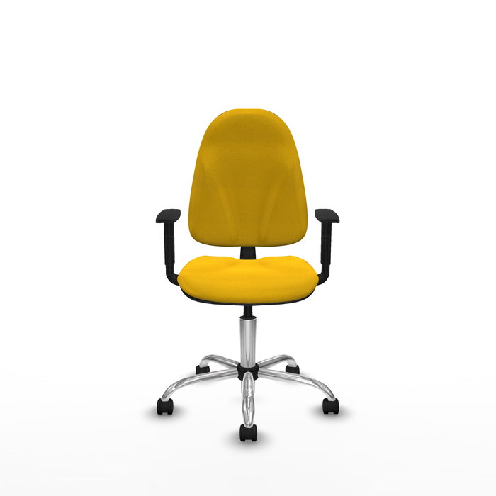 Silla de oficina Algarra con mecanismo Contacto permanente básico tapizada con Tela color Amarillo. Equipada con Base cromada, Brazos 1D y Ruedas de nailon 50 mm