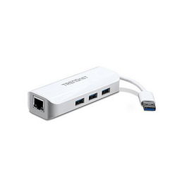 TRENDnet TU3-ETGH3 Adaptador USB 3.0 a Gigabit Ethernet con Hub de 4 Puertos USB 3.2 Gen 1, Color Blanco, Plug and Play para Windows y Mac