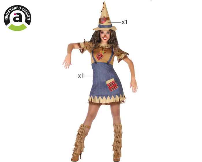 Disfraz Espantapájaros Adulto Mujer Talla XL, Temática Fantasía, Conjunto 2 Piezas (Vestido y Sombrero) de Poliéster