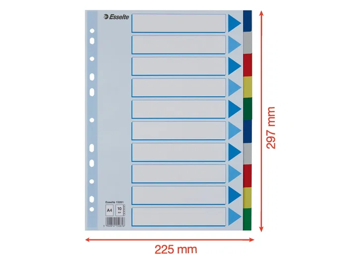 Esselte Separadores DIN A4 Polipropileno 1-10 Multitaladro con Cartulina Índice Color