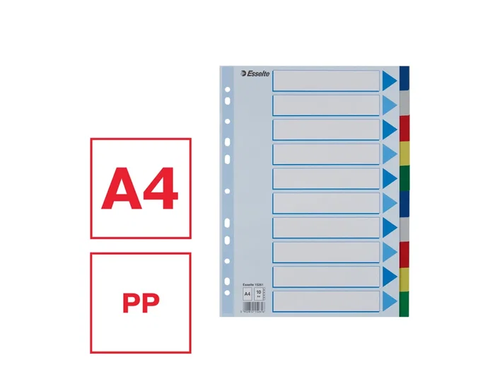 Esselte Separadores DIN A4 Polipropileno 1-10 Multitaladro con Cartulina Índice Color
