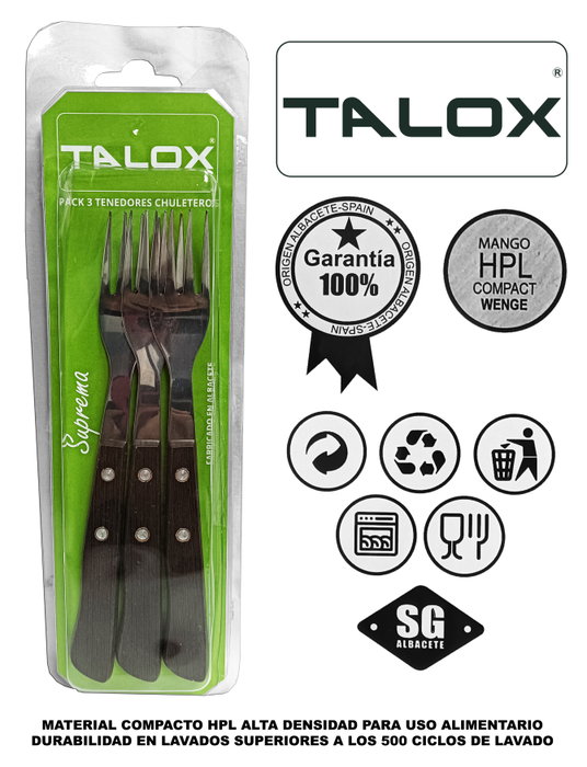 TALOX Tenedor Chuletero 20 cm Mango Weng Pack de 3 unidades