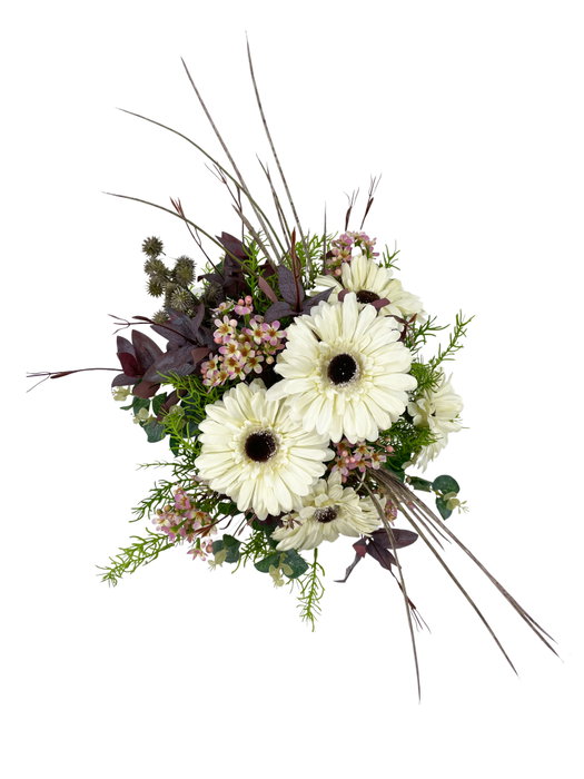 Obouquet Ramo de Flores Artificiales Vero Blanco con Gerberas, Flor de Cera, Eucalipto y Romero - Alegría y Felicidad