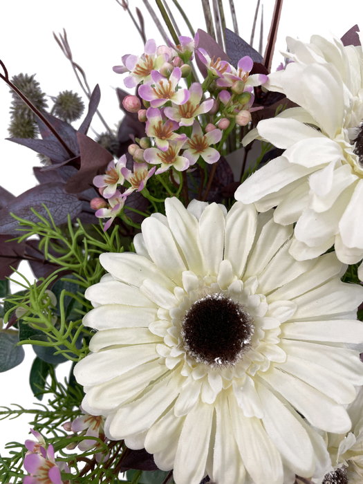 Obouquet Ramo de Flores Artificiales Vero Blanco con Gerberas, Flor de Cera, Eucalipto y Romero - Alegría y Felicidad