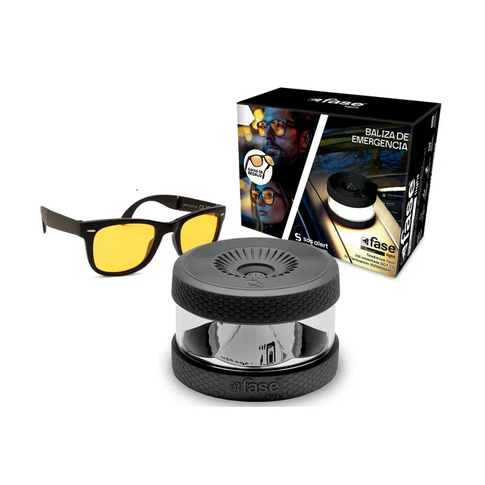 FASELIGHT Baliza Luz de Emergencia V16 Homologada DGT con Geolocalización NB-IoT eSIM 12 años, Sustituye Triángulo, Obligatoria 2026 + Gafas de Conducción Antirreflejo de Regalo