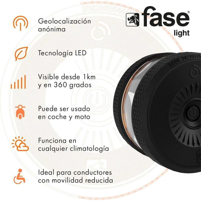 FASELIGHT Baliza Luz de Emergencia V16 Homologada DGT con Geolocalización NB-IoT eSIM 12 años, Sustituye Triángulo, Obligatoria 2026 + Gafas de Conducción Antirreflejo de Regalo