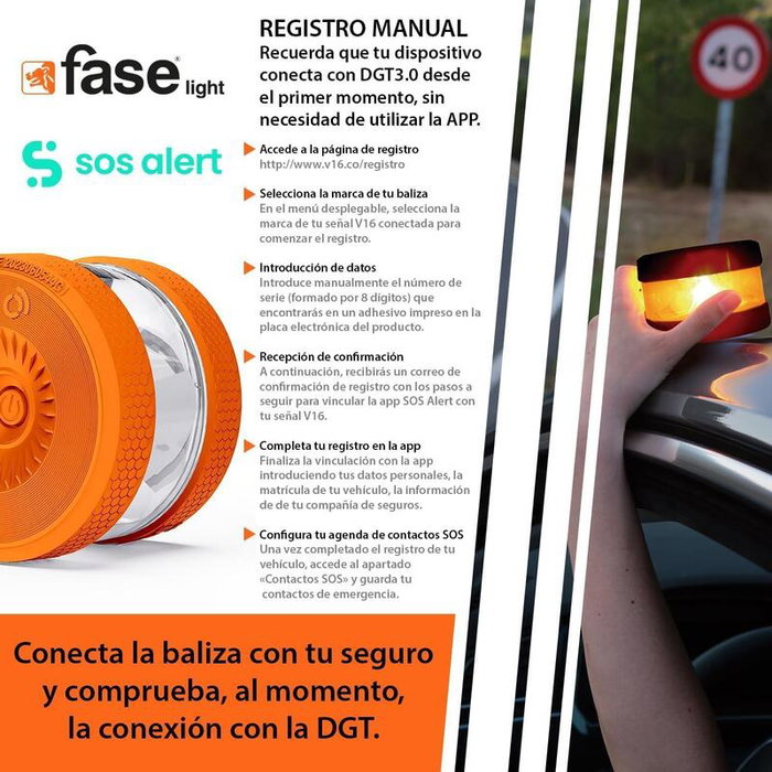 FASELIGHT Baliza Luz de Emergencia V16 Homologada DGT con Geolocalización NB-IoT eSIM 12 años, Sustituye Triángulo, Obligatoria 2026 + Gafas de Conducción Antirreflejo de Regalo