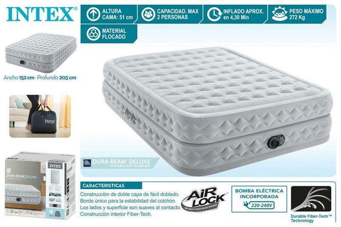 Intex Cama de Aire Queen Suprem Air-Flow 51 cm Soporta 272 Kg con Bomba Eléctrica Incorporada y Tecnología Fiber-Tech