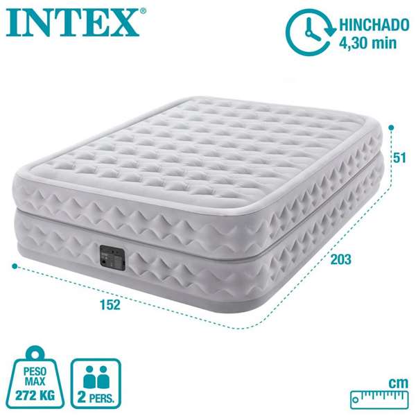 Intex Cama de Aire Queen Suprem Air-Flow 51 cm Soporta 272 Kg con Bomba Eléctrica Incorporada y Tecnología Fiber-Tech