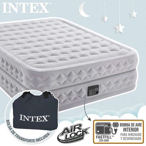 Intex Cama de Aire Queen Suprem Air-Flow 51 cm Soporta 272 Kg con Bomba Eléctrica Incorporada y Tecnología Fiber-Tech