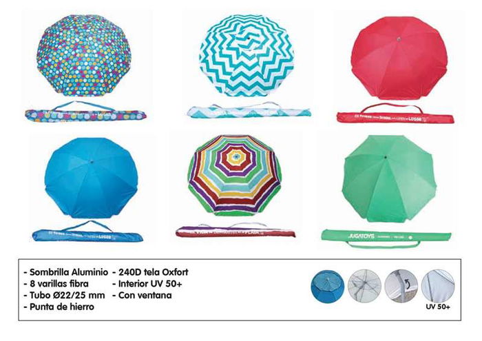 Sombrilla aluminio 180cm, 8 varillas fibra, tubo 22/25mm, punta de aluminio, 240d tela oxford interior uv 50+ y ventana - modelos surtidos