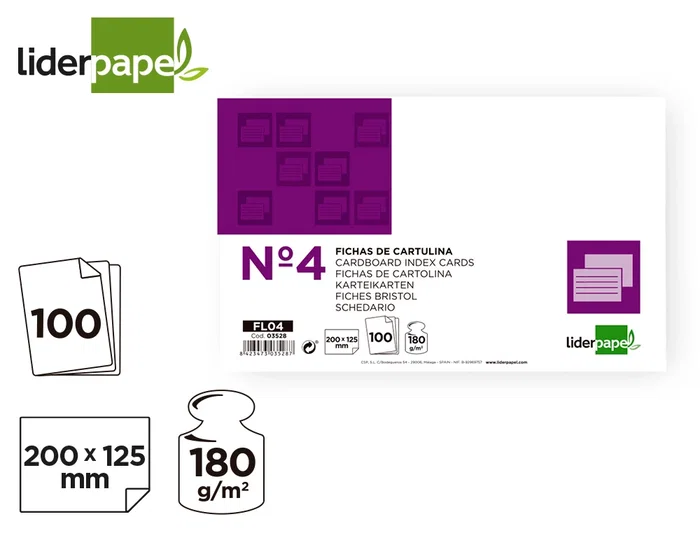 Liderpapel Ficha Lisa Nº4 125x200mm 180gr Paquete de 100 Unidades